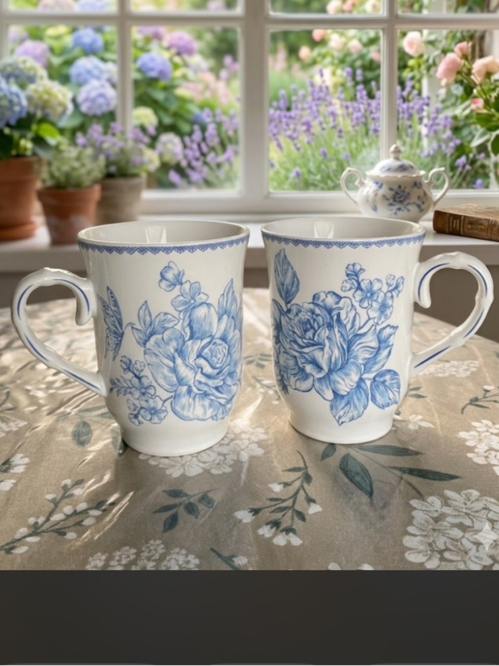 The Pioneer Woman White and Blue Floral Ceramic Mugs, Set of 2 (Scalloped Rim)